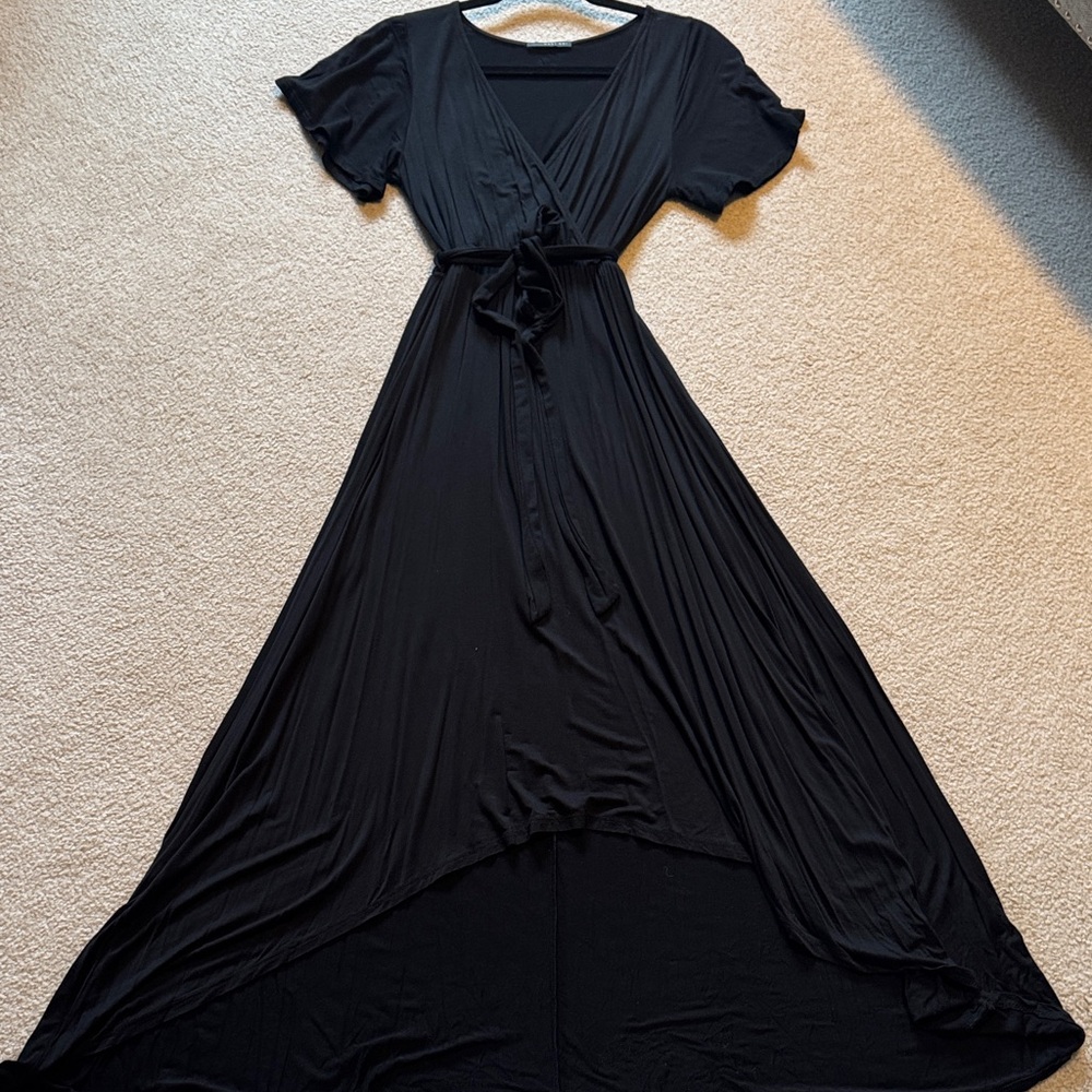 West Kei Black High-Low Wrap Dress with Tie Waist